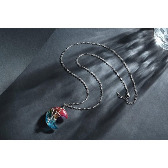 Womens Rainbow Natural Crystal Moon Crescent Tree Wire Wrapped Gemstone Necklace - Picture 2 of 8